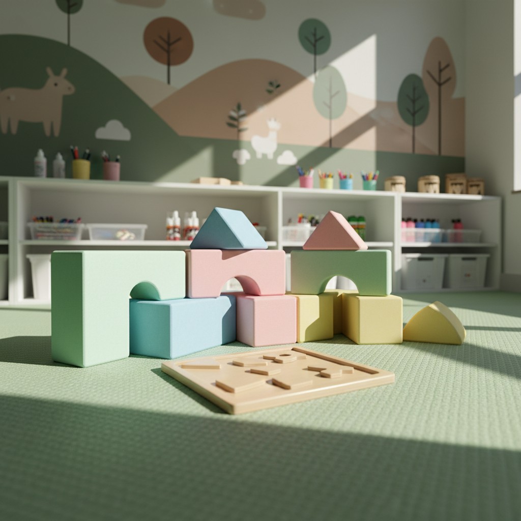 A well-organized, sunlit room featuring elements commonly found in Care centers, featuring a mural of cartoonish cows and ...